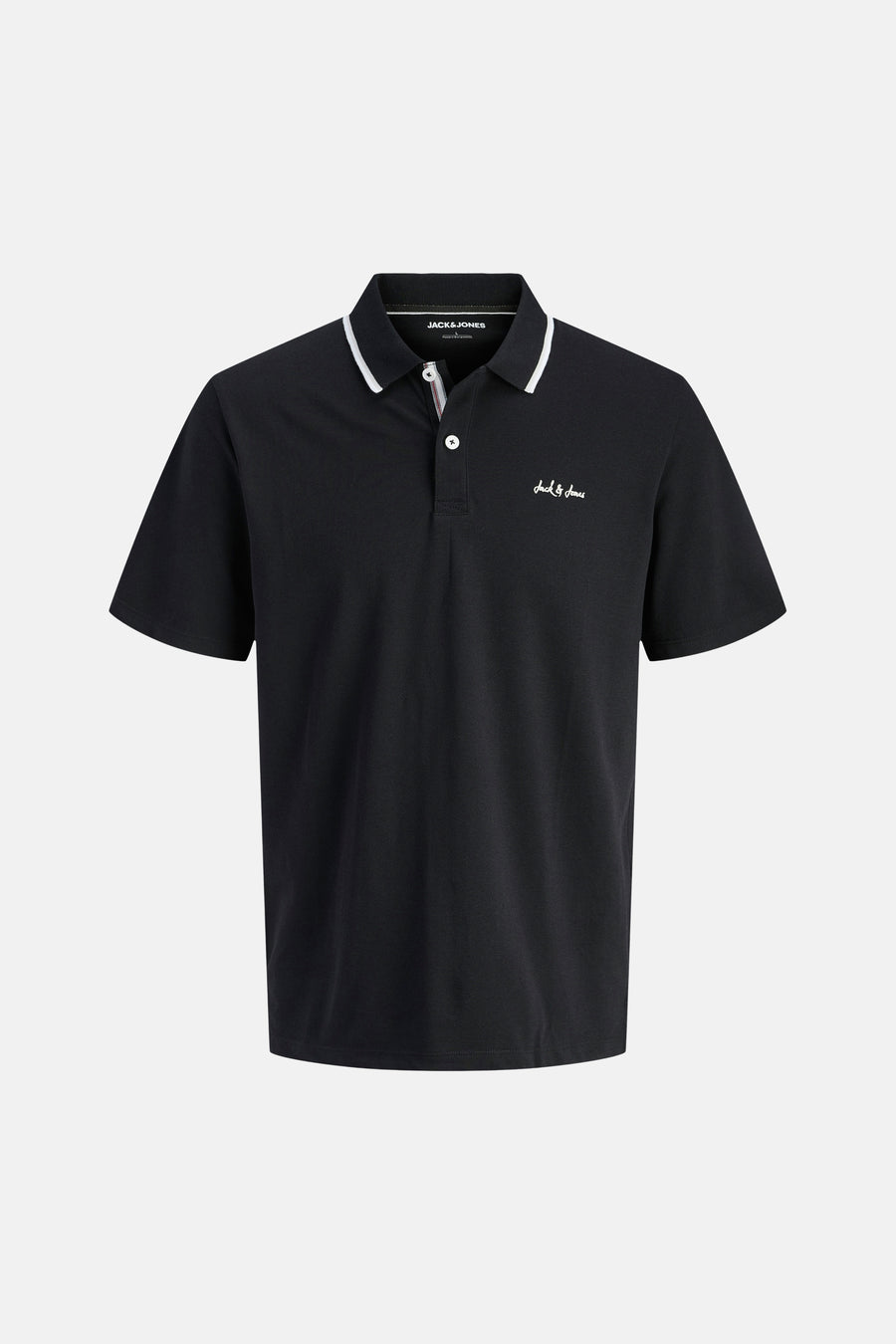 Polo noir de JACK & JONES avec col à rayures blanches, patte à deux boutons et logo brodé blanc.