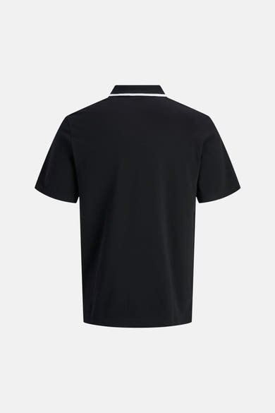 Polo noir de JACK & JONES à manches courtes, col avec rayure blanche, en tissu piqué, vue de dos.