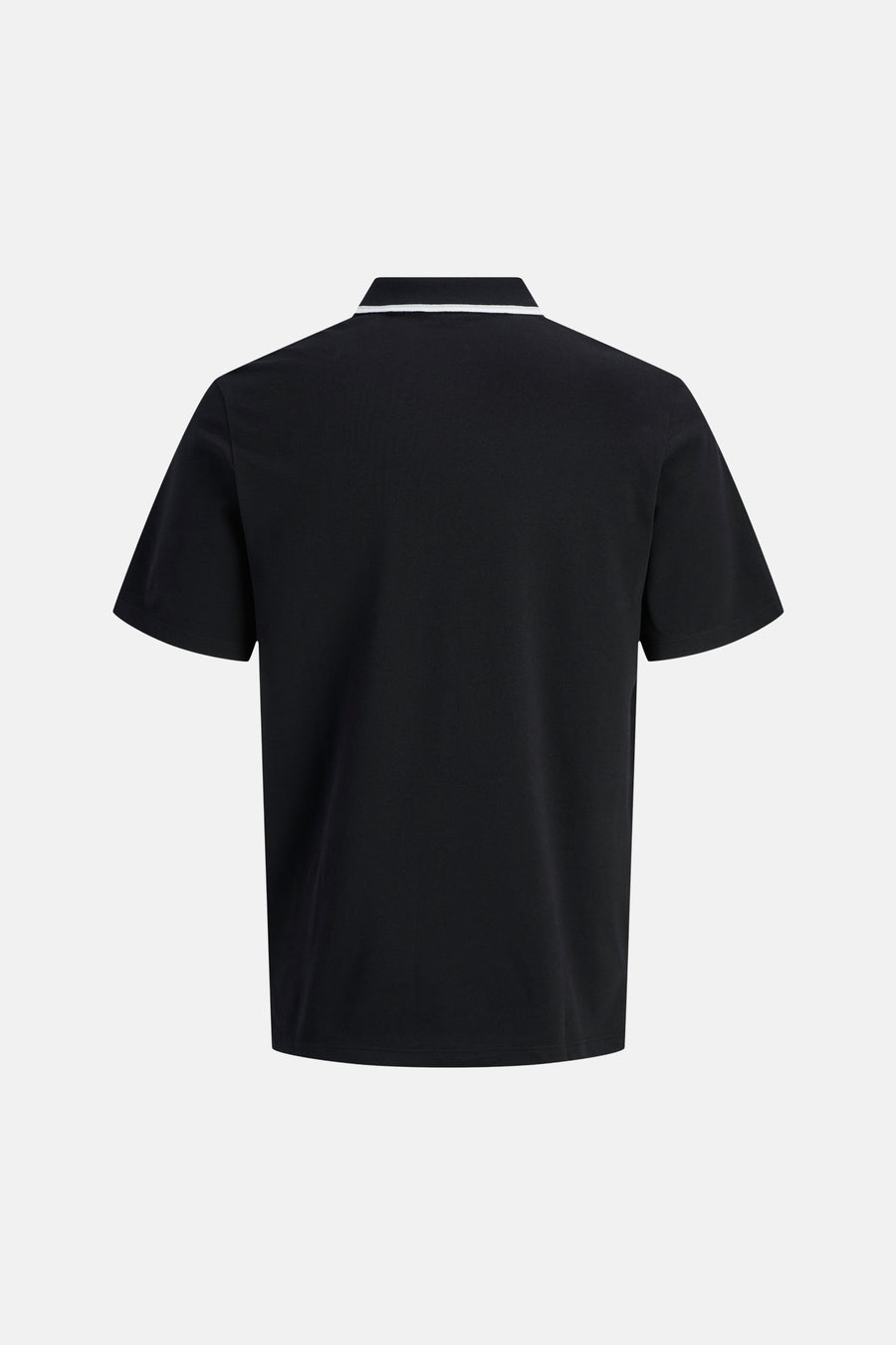 Polo noir de JACK & JONES à manches courtes, col avec rayure blanche, en tissu piqué, vue de dos.