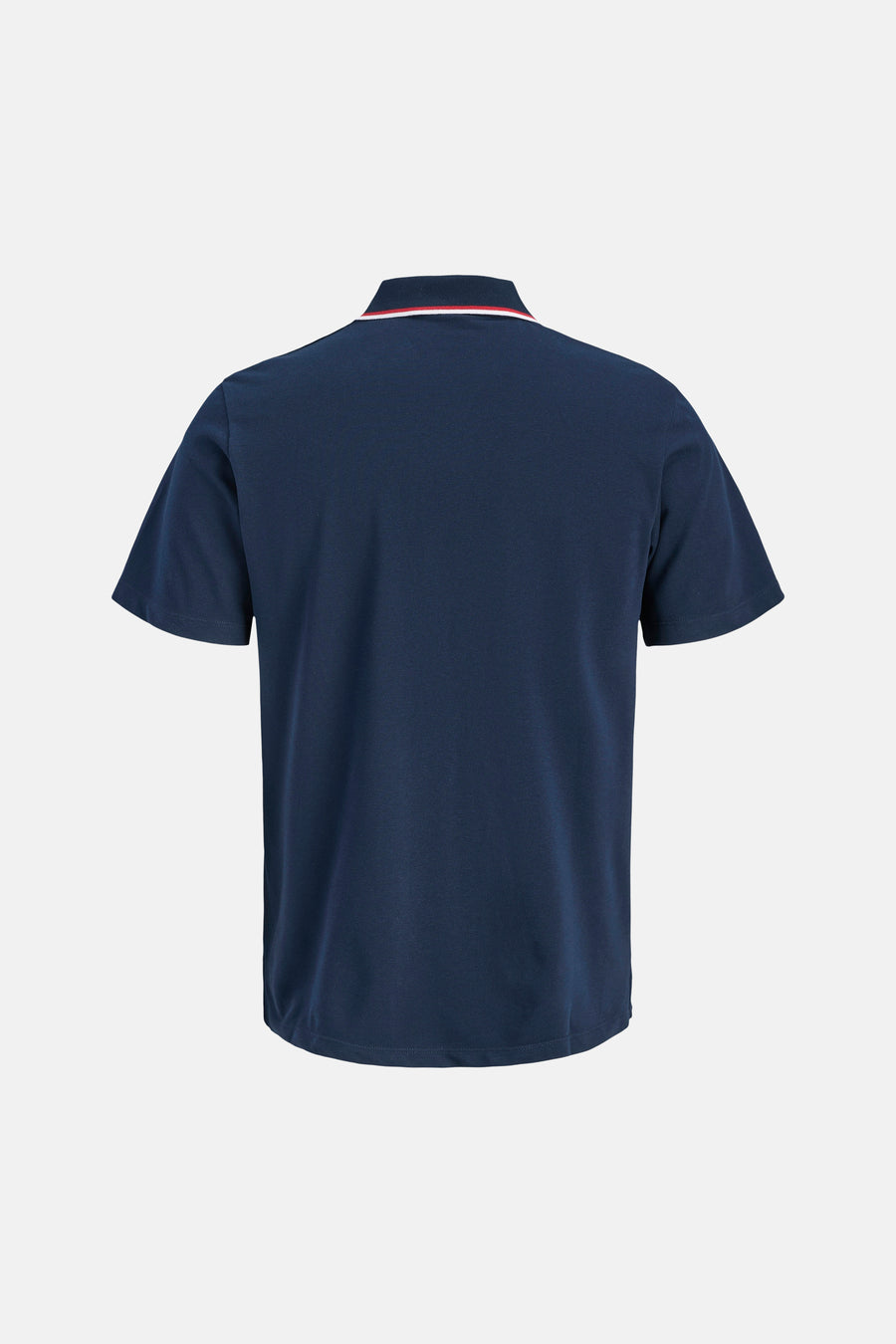 Polo bleu marine de JACK & JONES, vue de dos, avec col rayé blanc et rouge et tissu texturé.