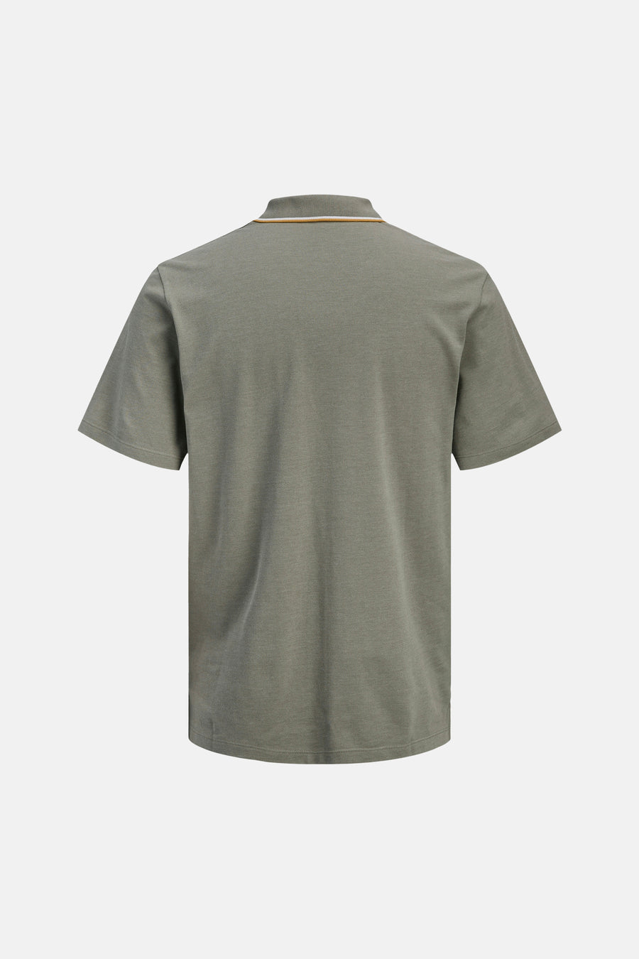 Polo vert en piqué de JACK & JONES, vue de dos, avec col côtelé rayé blanc et ocre.