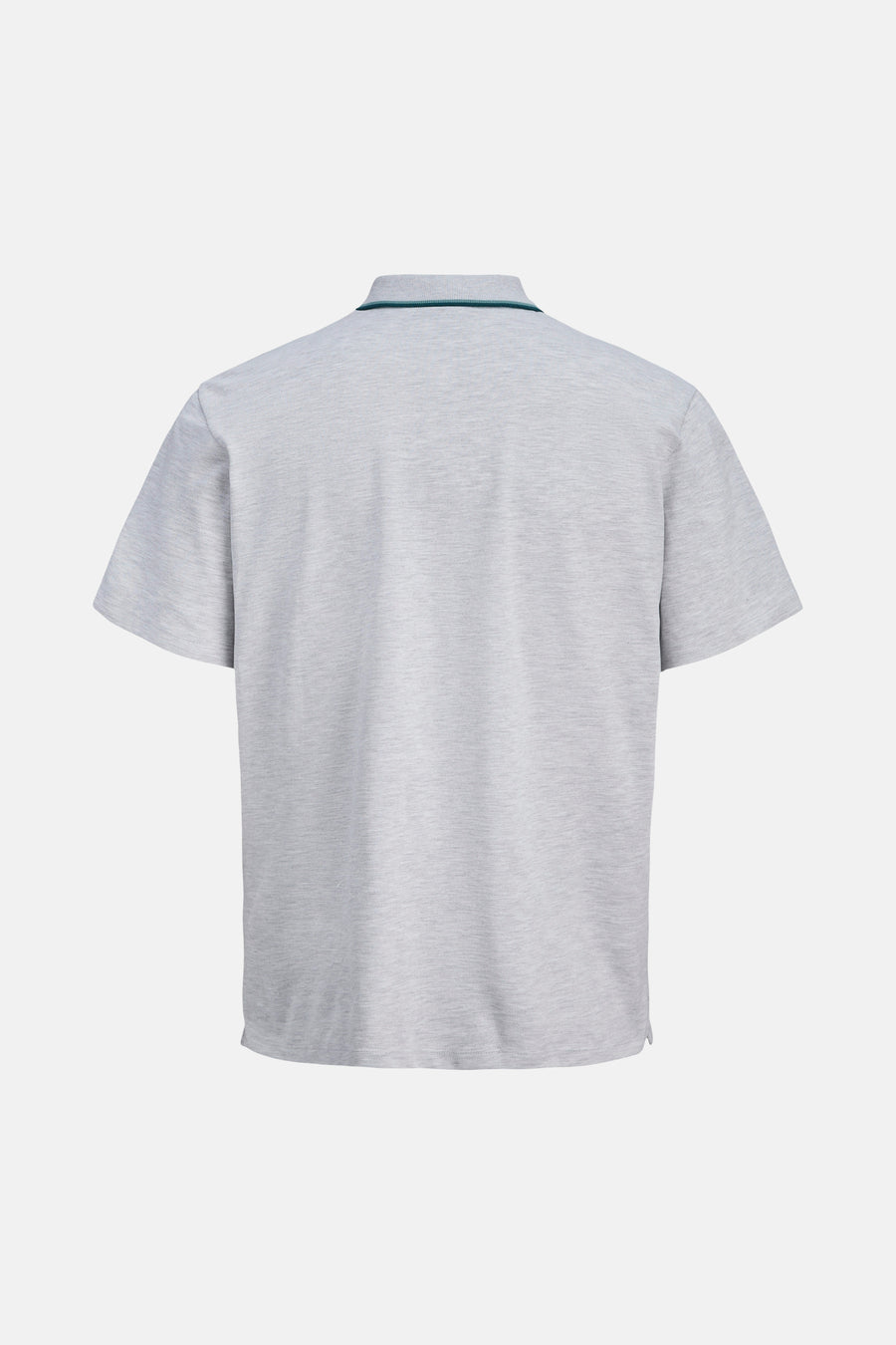 Polo gris de JACK & JONES, vue de dos, col à rayures vertes et texture piquée.