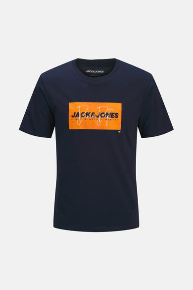 Marineblauwe T-shirt met korte mouwen van Jack & Jones, met een oranje grafische print.