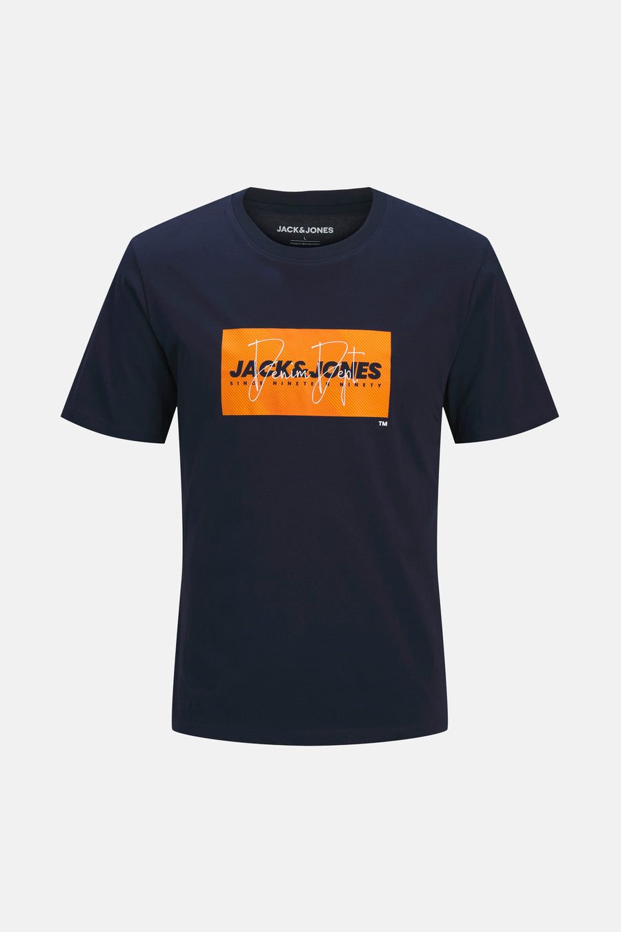 Marineblauwe T-shirt met korte mouwen van Jack & Jones, met een oranje grafische print.