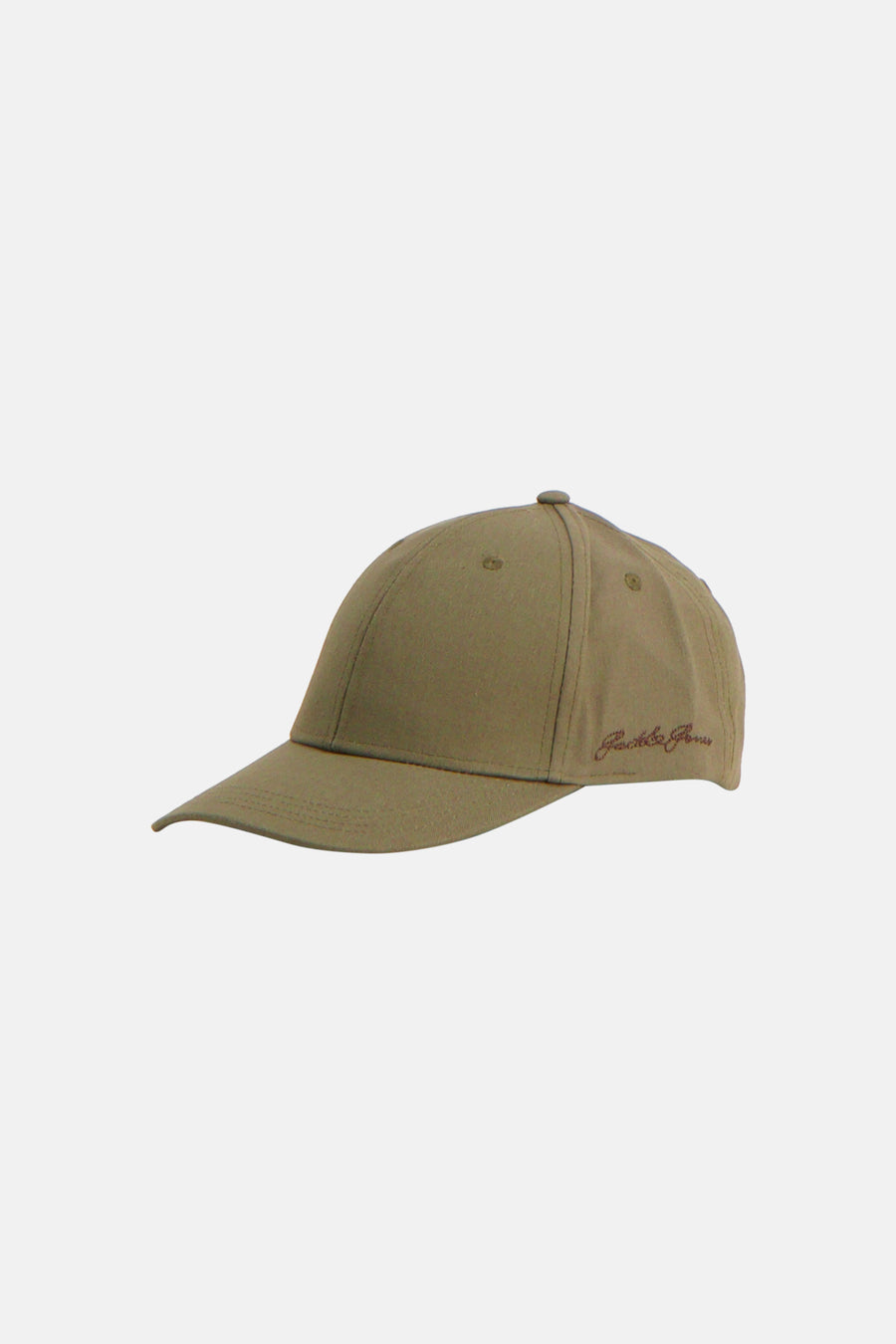Groene pet van Jack & Jones, zijaanzicht, met geborduurd scriptlogo.