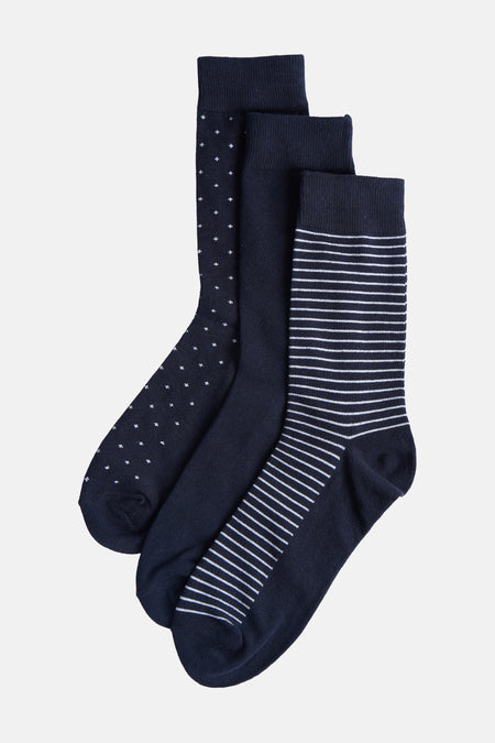 Set van 3 paar blauwe sokken met witte strepen van ACCESSORIES BY JACK & JONES, vooraanzicht.