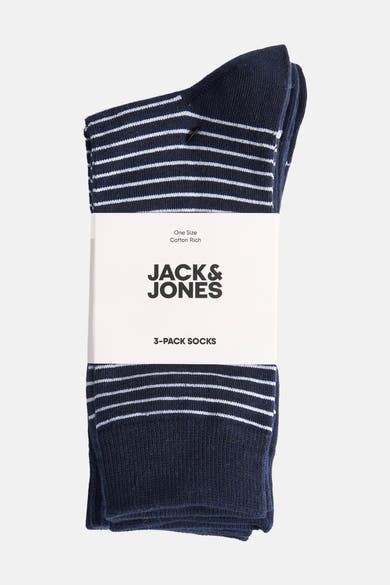 Pack de 3 paires de chaussettes bleues à rayures blanches par ACCESSORIES BY JACK & JONES, vues de face.