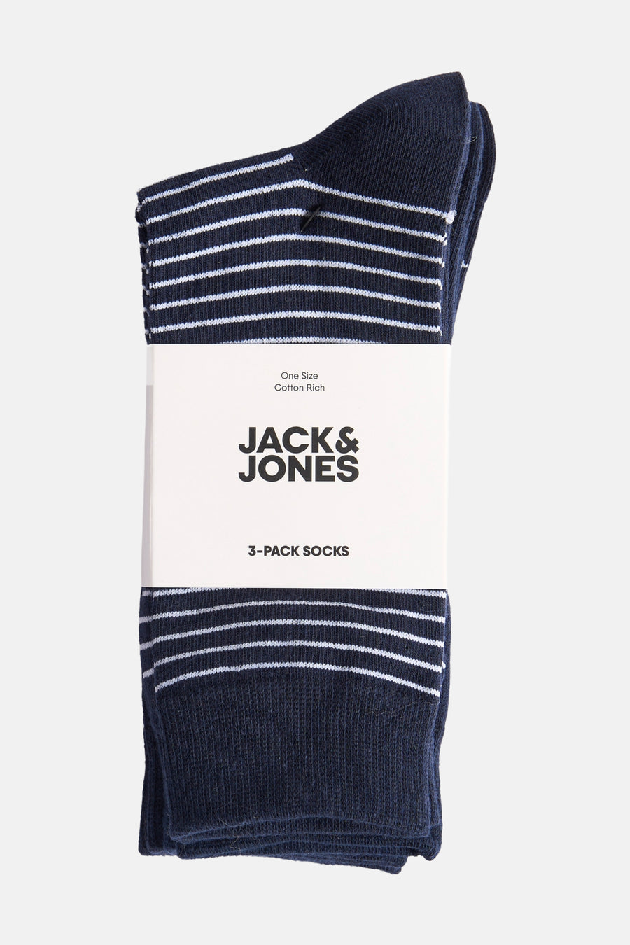 Pack de 3 paires de chaussettes bleues à rayures blanches par ACCESSORIES BY JACK & JONES, vues de face.