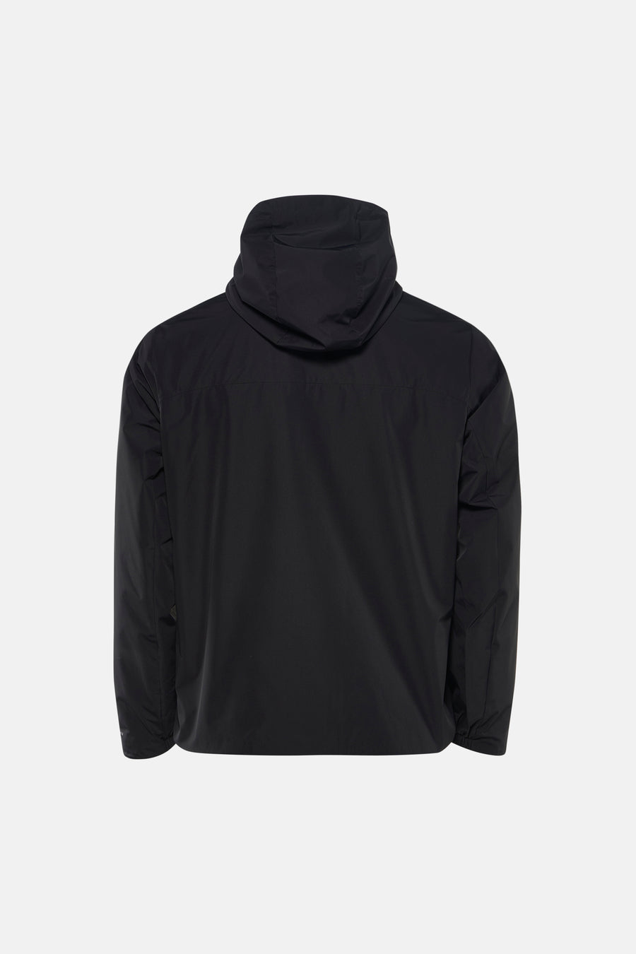 Korte zwarte jas van JACK & JONES, van achteren gezien met capuchon.