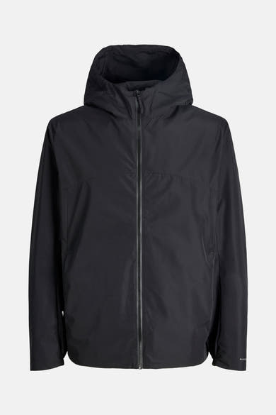 Korte zwarte jas van JACK & JONES, met capuchon en ritssluiting middenvoor.