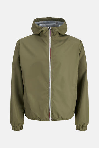 Korte groene jas van ORIGINALS BY JACK & JONES met capuchon en witte ritssluiting.
