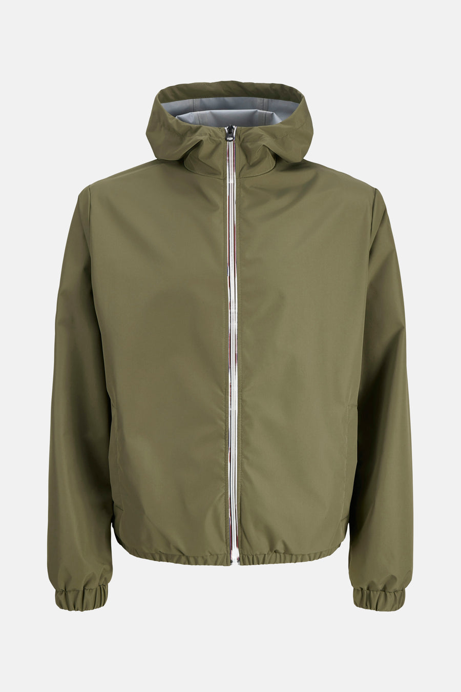 Korte groene jas van ORIGINALS BY JACK & JONES met capuchon en witte ritssluiting.
