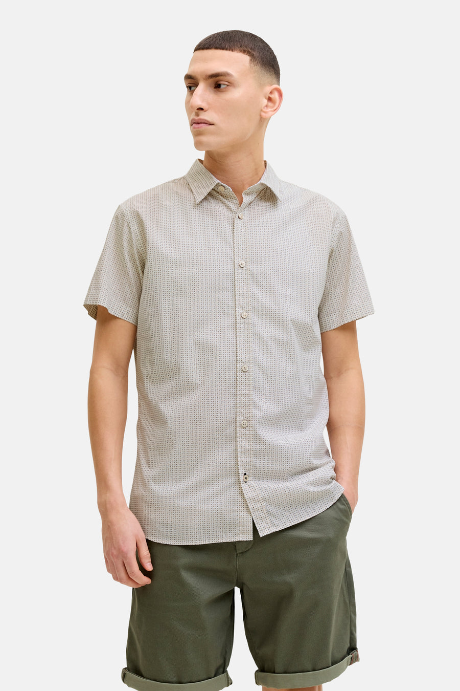 Chemise beige à manches courtes de PREMIUM by JACK & JONES, à motif imprimé, avec des boutons.