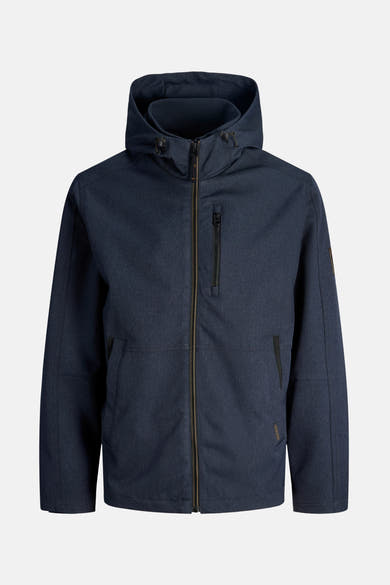 Veste courte bleue par ORIGINALS BY JACK & JONES, avec fermeture éclair centrale et capuche.