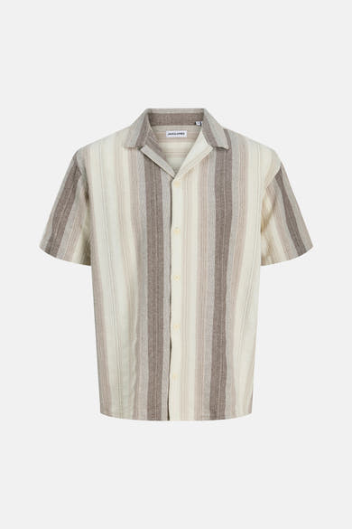 Chemise beige rayée de ORIGINALS BY JACK & JONES à manches courtes et col ouvert, en tissu texturé.