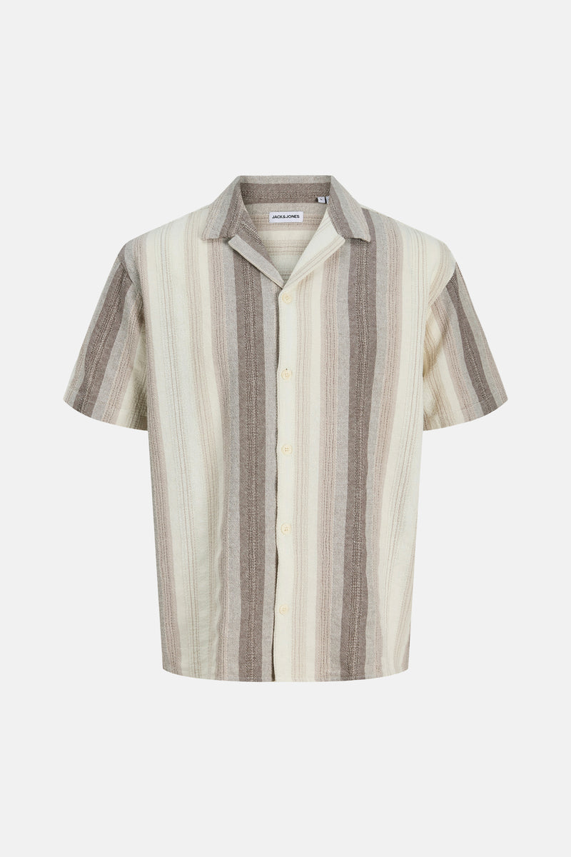 Beige gestreepte blouse met korte mouwen en open kraag van ORIGINALS BY JACK & JONES, in getextureerde stof.