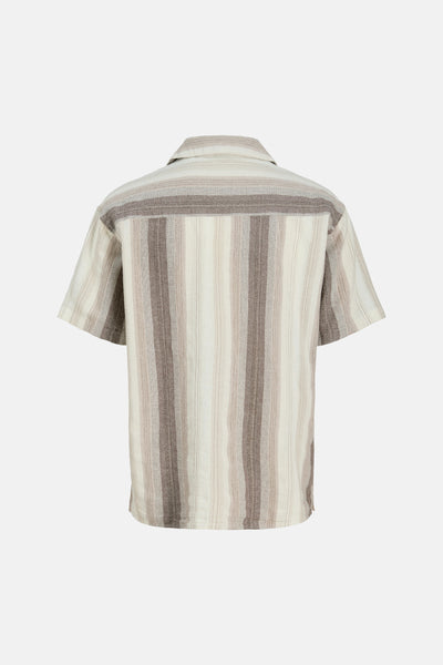Beige overhemd met korte mouwen van ORIGINALS BY JACK & JONES, met beige en bruine geweven verticale strepen, achterzijde.
