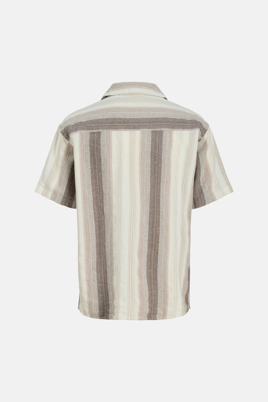 Chemise beige à manches courtes d'ORIGINALS BY JACK & JONES, à rayures verticales tissées beiges et marron, vue de dos.