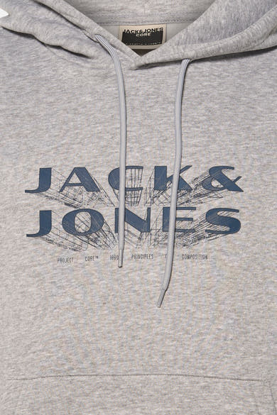 Grijs gemêleerde hoodie van PREMIUM by JACK & JONES, met trekkoord en groot opgedrukt logo.