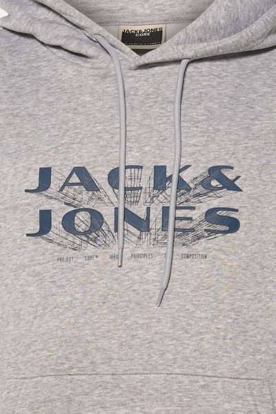 Grijs gemêleerde hoodie van PREMIUM by JACK & JONES, met trekkoord en groot opgedrukt logo.