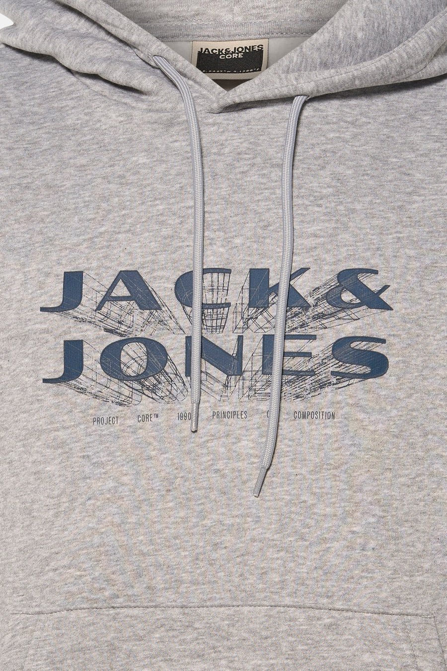 Grijs gemêleerde hoodie van PREMIUM by JACK & JONES, met trekkoord en groot opgedrukt logo.