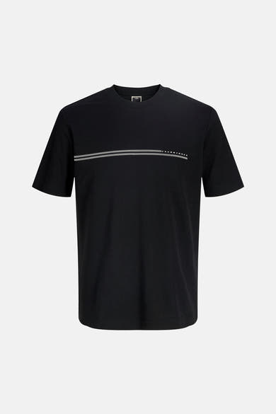 T-shirt noir à manches courtes de JACK & JONES, avec deux rayures horizontales et le logo imprimé.