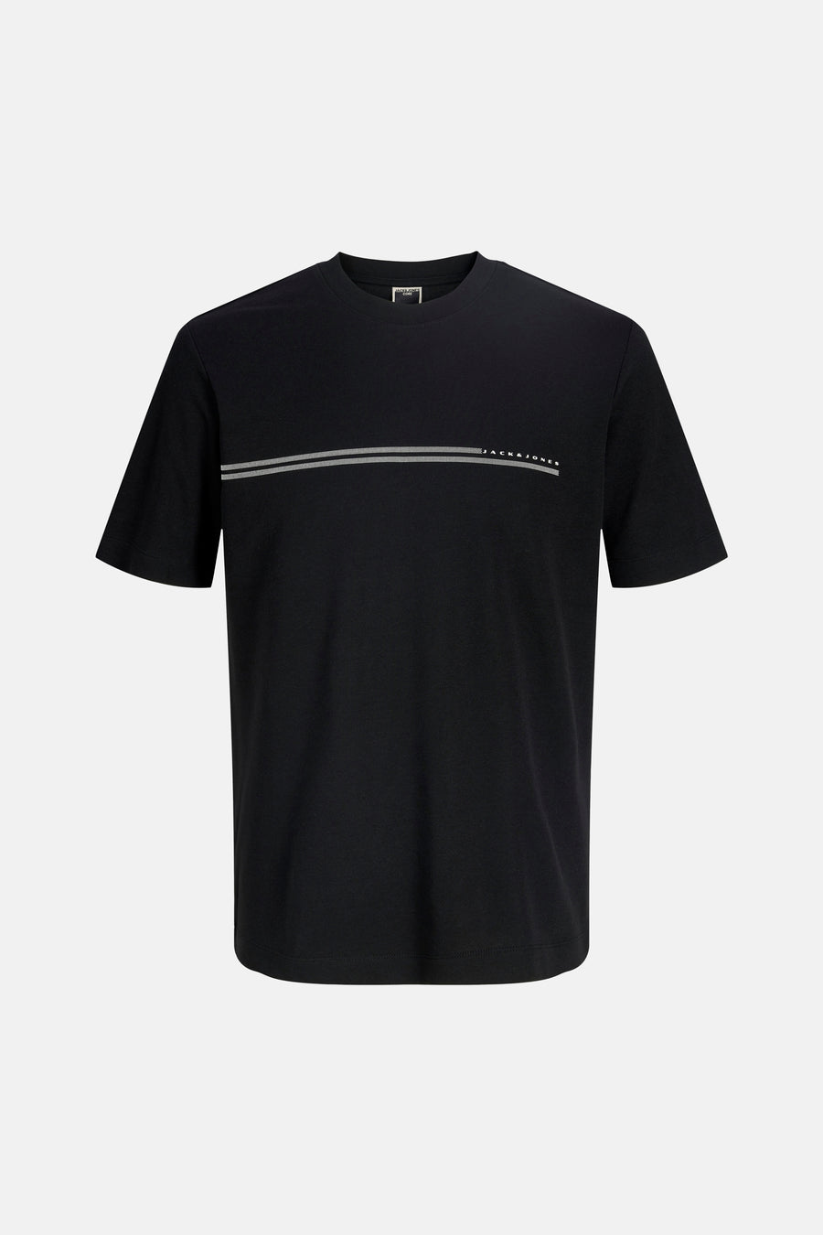 T-shirt noir à manches courtes de JACK & JONES, avec deux rayures horizontales et le logo imprimé.