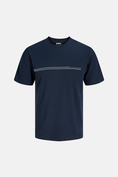 T-shirt bleu à manches courtes de JACK & JONES, avec deux bandes horizontales et logo imprimé.
