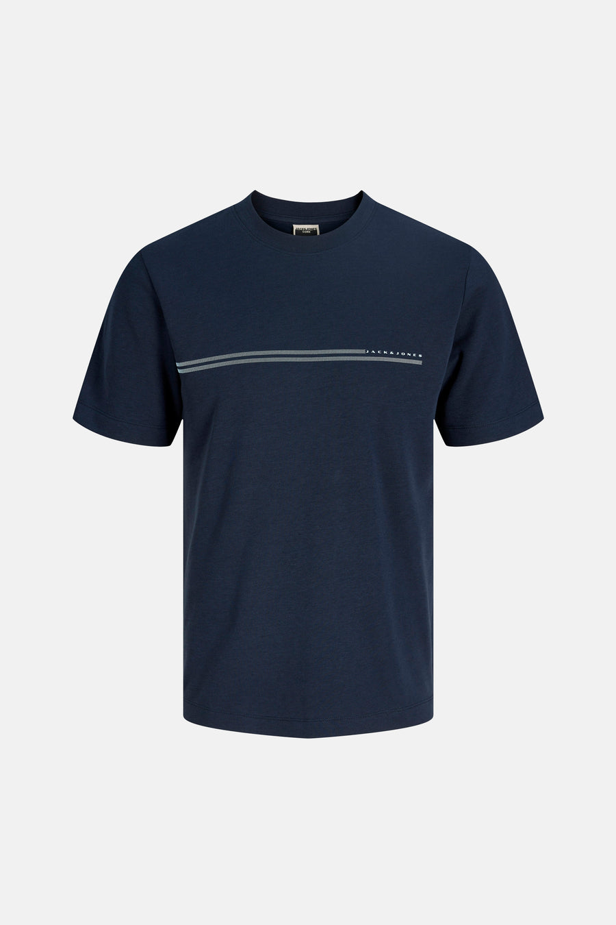 T-shirt bleu à manches courtes de JACK & JONES, avec deux bandes horizontales et logo imprimé.