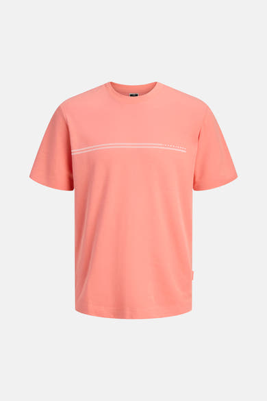 T-shirt orange à manches courtes de JACK & JONES, orné de deux fines lignes horizontales blanches et du texte "JACK & JONES" sur la poitrine.