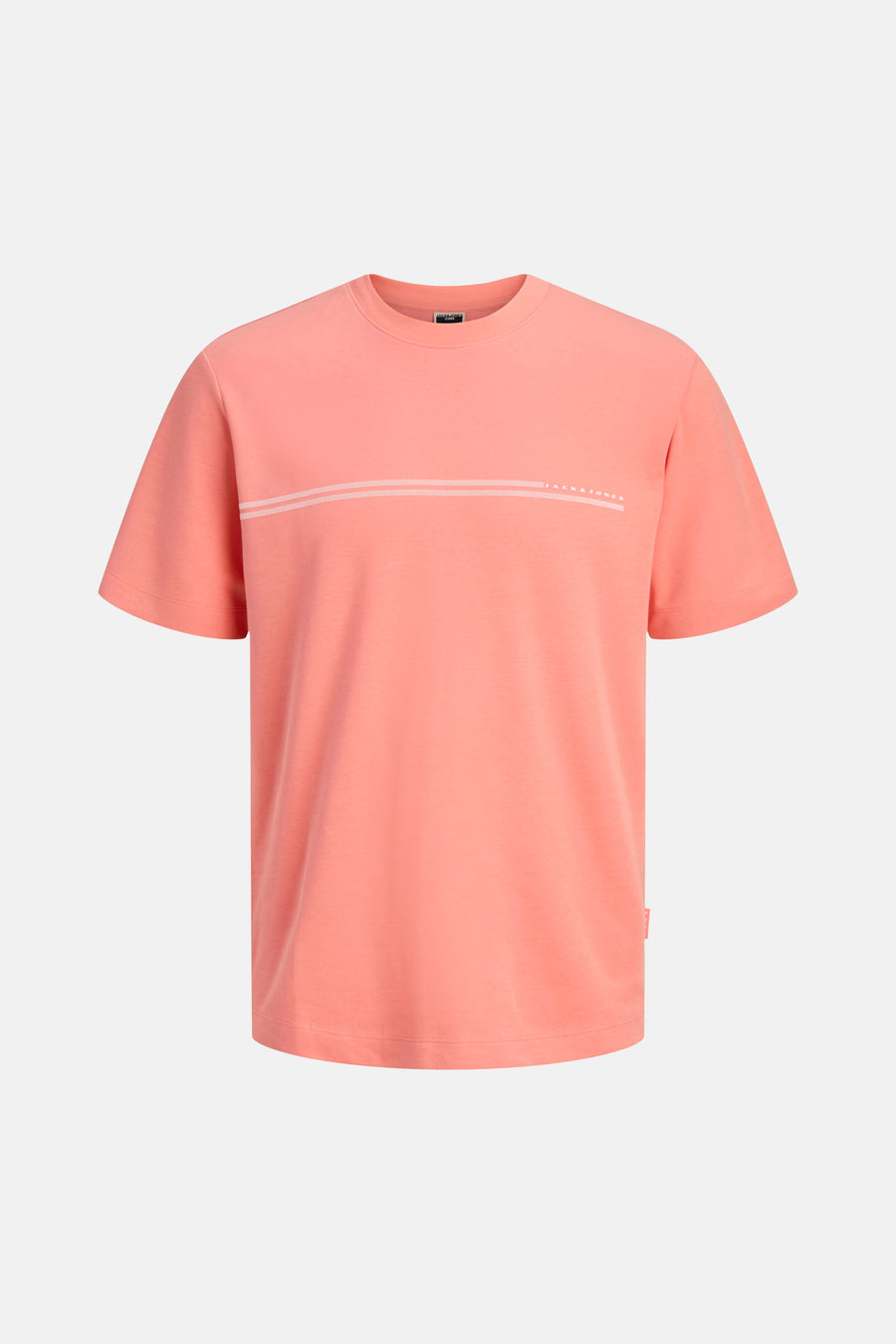 T-shirt orange à manches courtes de JACK & JONES, orné de deux fines lignes horizontales blanches et du texte "JACK & JONES" sur la poitrine.