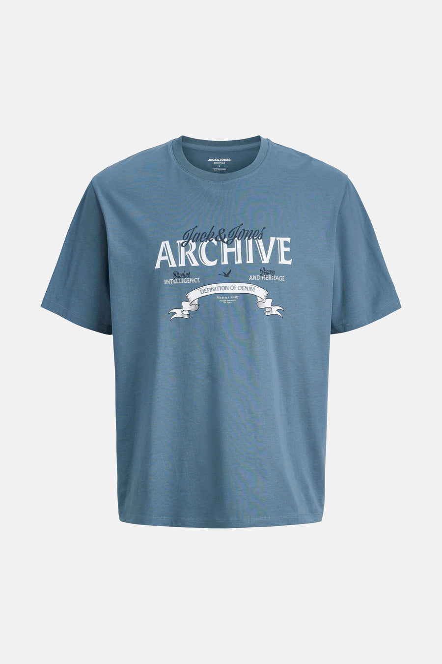Blauw T-shirt met korte mouwen van ORIGINALS BY JACK & JONES met "Archive" grafische print op de voorkant.