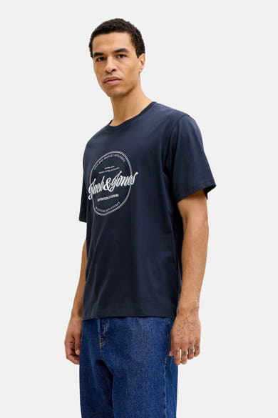 Marineblaues T-Shirt mit kurzen Ärmeln von ORIGINALS BY JACK & JONES, mit kreisförmigem Grafikdruck auf der Vorderseite.