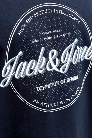 Blauwe T-shirt met korte mouwen van Originals by Jack & Jones, met een centraal cirkelvormig logo-grafische print.