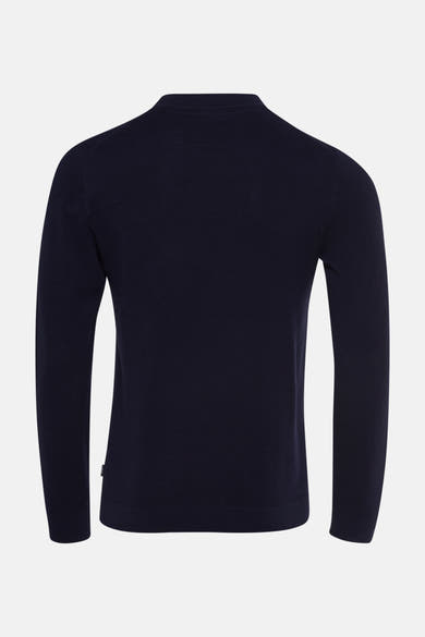 Ronde hals trui blauw van PREMIUM by JACK & JONES, in fijne textuur gebreid, achterzijde.