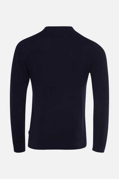 Pull à col rond bleu de PREMIUM by JACK & JONES, en maille fine texturée, vue arrière.
