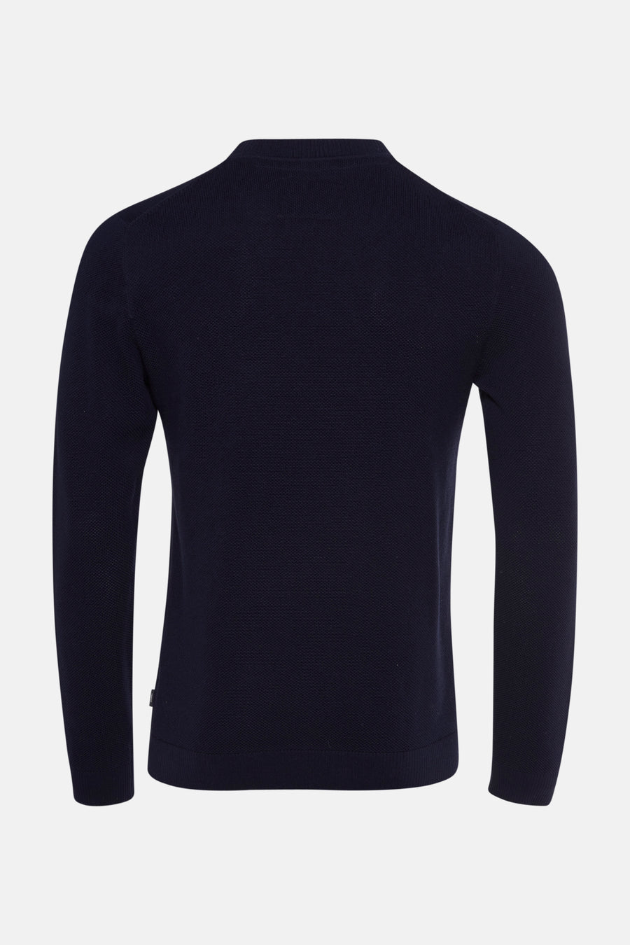 Ronde hals trui blauw van PREMIUM by JACK & JONES, in fijne textuur gebreid, achterzijde.