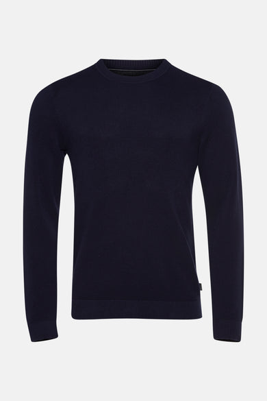 Pull à col rond bleu de PREMIUM by JACK & JONES, avec une texture subtile en maille.