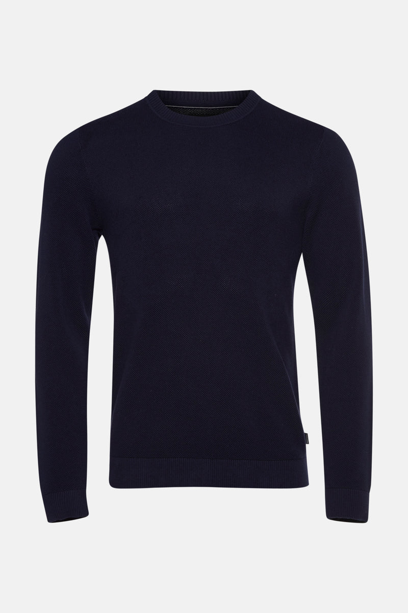 Pull à col rond bleu de PREMIUM by JACK & JONES, avec une texture subtile en maille.