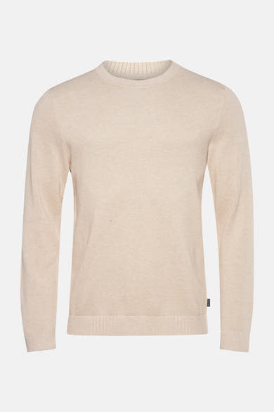 Beige ronde hals trui van PREMIUM by JACK & JONES, in een getextureerde breisel, detail op één mouw.