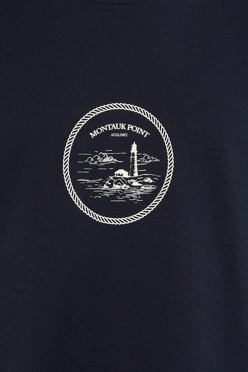 T-shirt à manches courtes bleu d'ORIGINALS BY JACK & JONES avec un motif de phare côtier encadré.