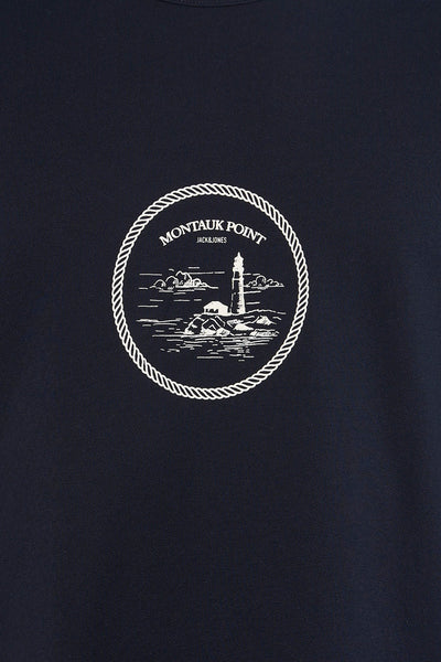 Blauwe T-shirt met korte mouwen van ORIGINALS BY JACK & JONES met een ingelijst kustvuurtorenmotief.