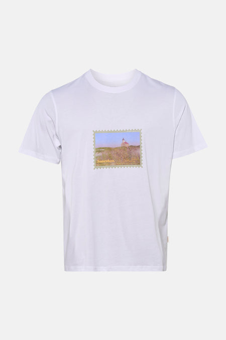 T-shirt blanc d'ORIGINALS BY JACK & JONES avec imprimé phare style timbre poste sur le devant.