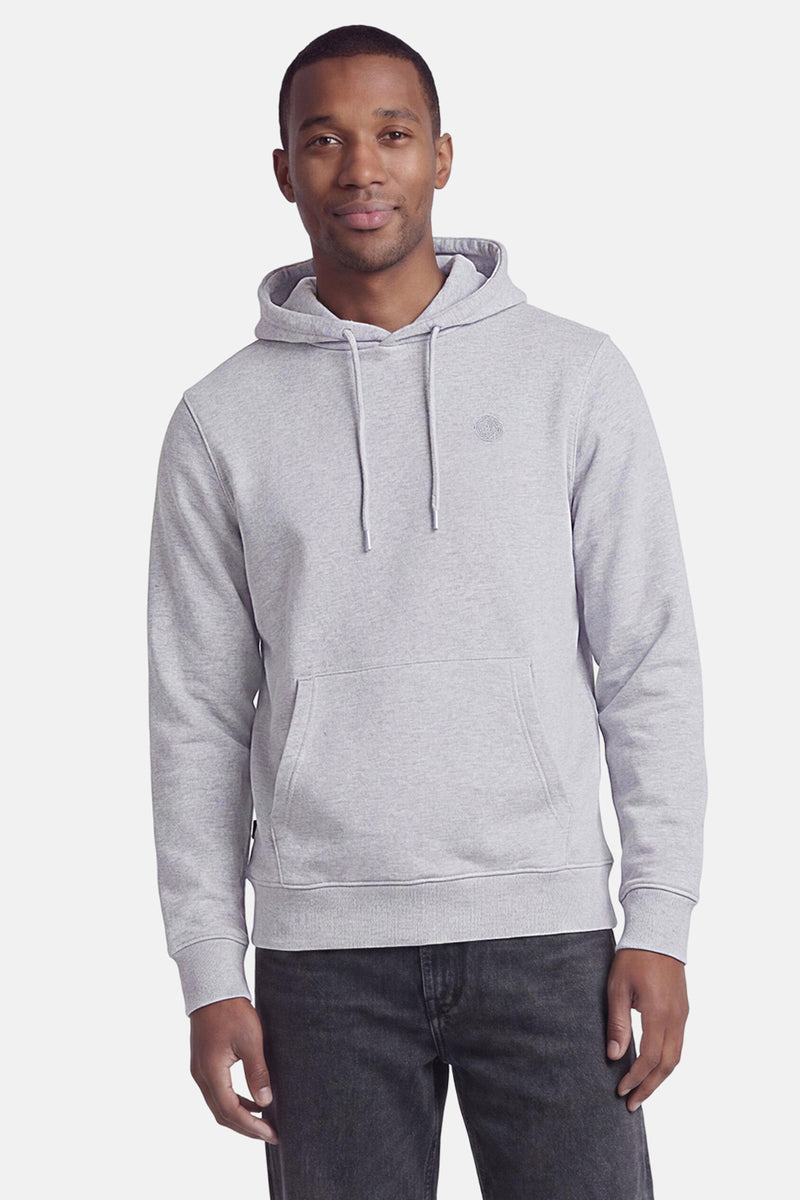 Sweat à capuche gris chiné de PREMIUM by JACK & JONES avec un logo rond sur la poitrine, un cordon de serrage et une poche kangourou.