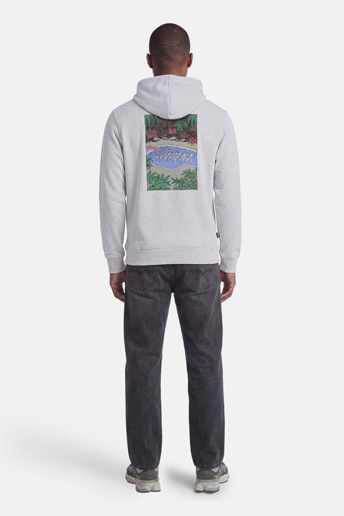 Sweat à capuche gris de PREMIUM by JACK & JONES, avec un imprimé coloré au dos d'une piscine et de végétation luxuriante.