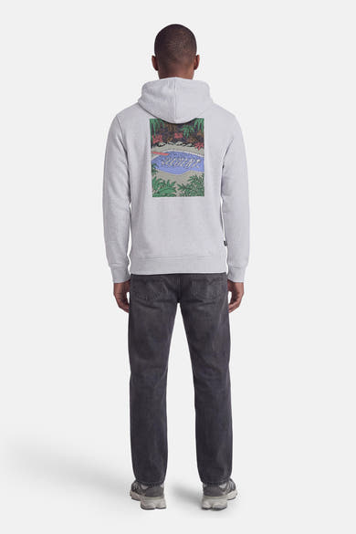 Sweat à capuche gris de PREMIUM by JACK & JONES, avec un imprimé coloré au dos d'une piscine et de végétation luxuriante.