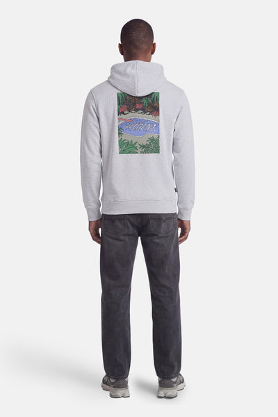 Sweat à capuche gris de PREMIUM by JACK & JONES, avec un imprimé coloré au dos d'une piscine et de végétation luxuriante.