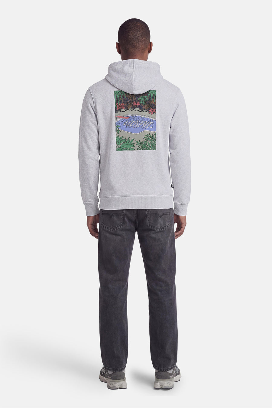 Sweat à capuche gris de PREMIUM by JACK & JONES, avec un imprimé coloré au dos d'une piscine et de végétation luxuriante.