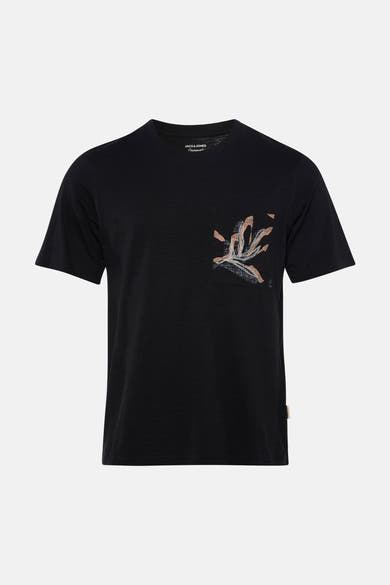 T-shirt noir de PREMIUM by JACK & JONES avec poche poitrine à motif floral abstrait et texture subtile.