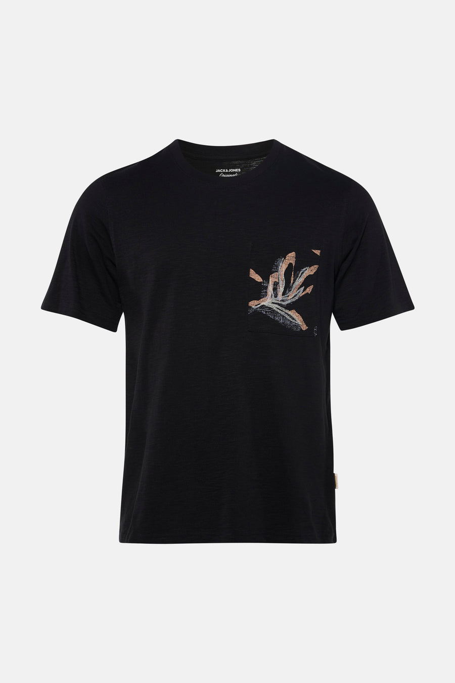 T-shirt noir de PREMIUM by JACK & JONES avec poche poitrine à motif floral abstrait et texture subtile.